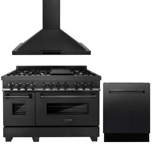 ZLINE 3-Piece Appliance Package - 48" Dual Fuel Range with Brass Burners, Convertible Wall Mount Hood, and 3-Rack Dishwasher in Black Stainless Steel (3KP-RABRH48-DWV)