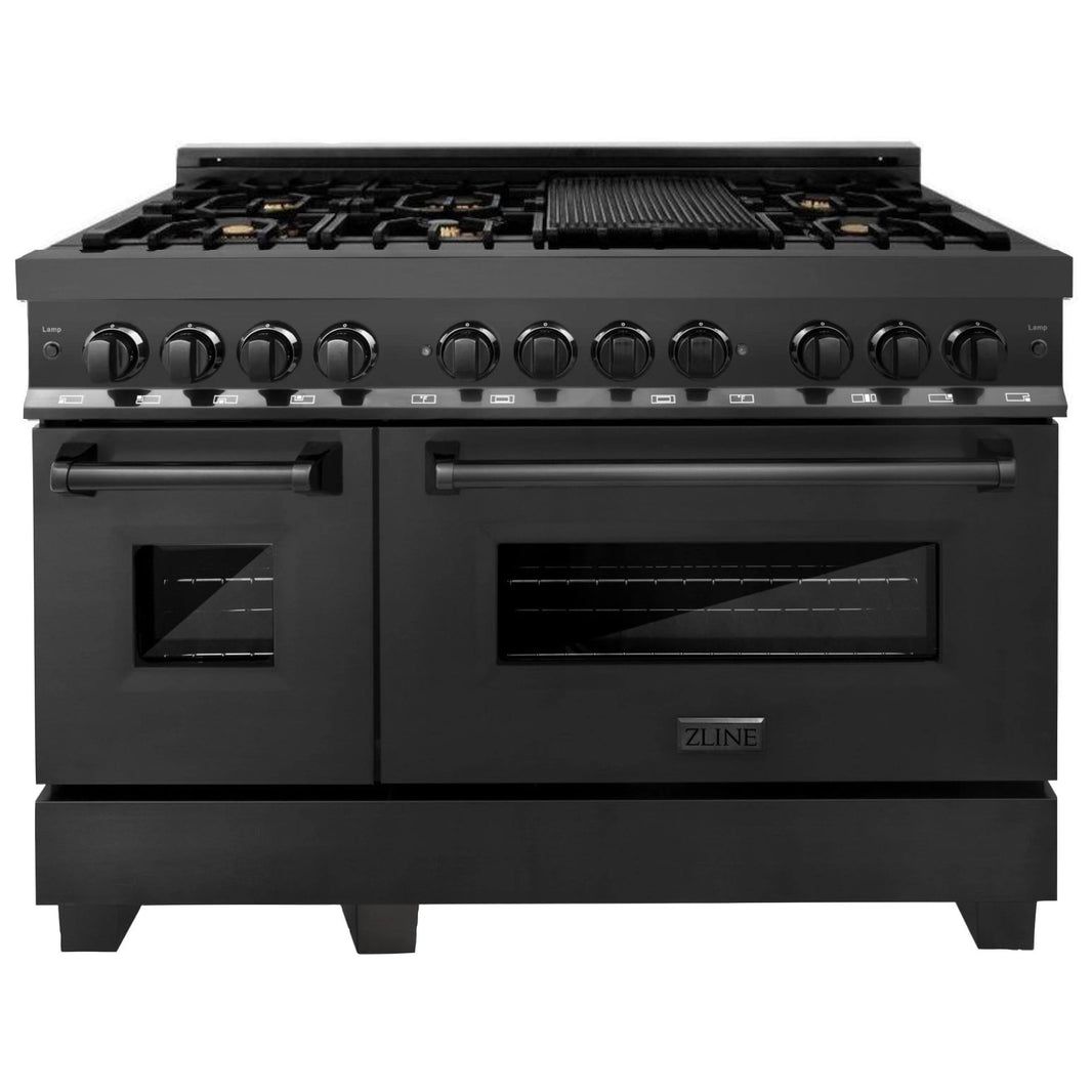 ZLINE 3-Piece Appliance Package - 48" Dual Fuel Range with Brass Burners, Convertible Wall Mount Hood, and 3-Rack Dishwasher in Black Stainless Steel (3KP-RABRH48-DWV)