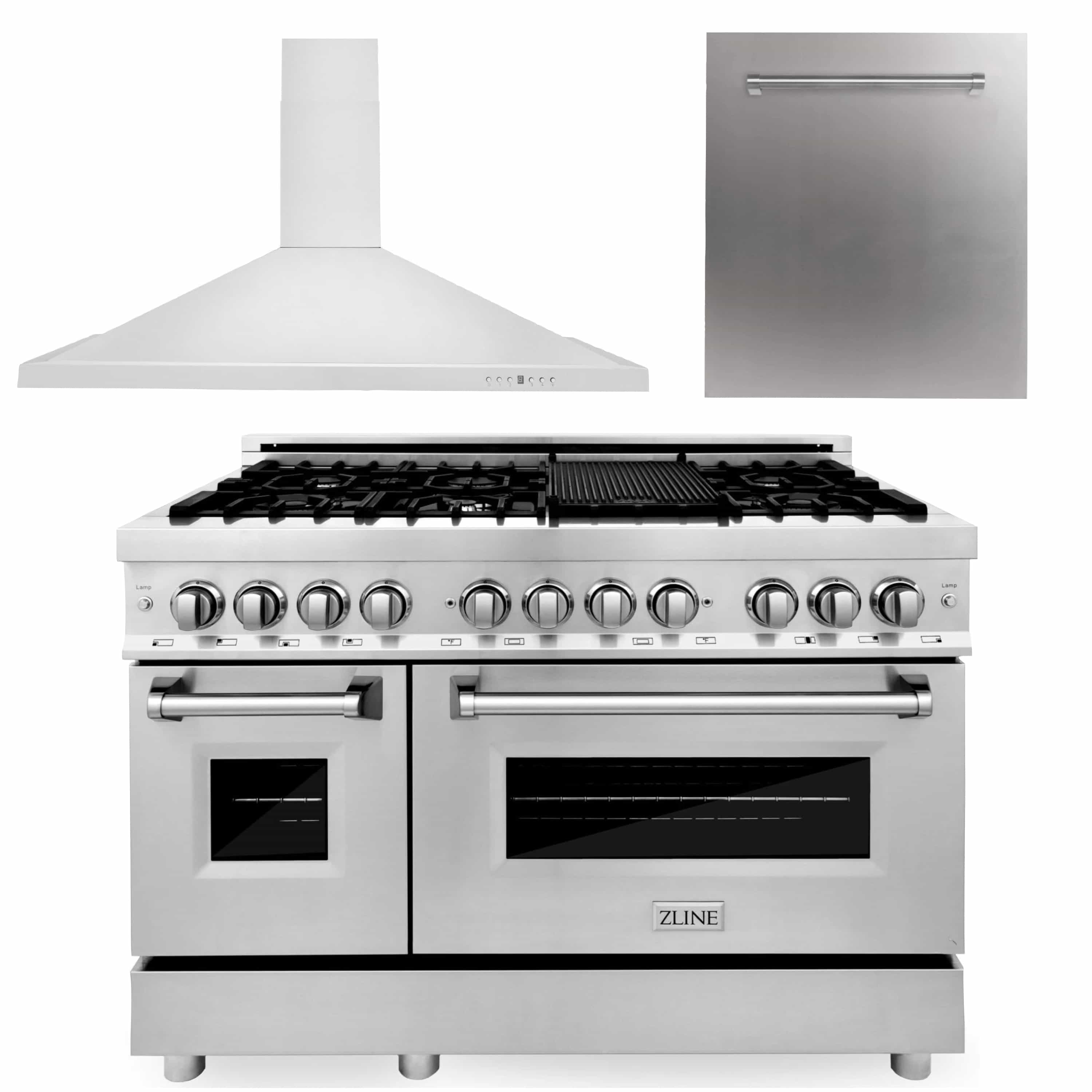 ZLINE 3-Piece Appliance Package - 48-inch Dual Fuel Range, Dishwasher & Convertible Wall Mount Hood in Stainless Steel (3KP-RARH48-DW)