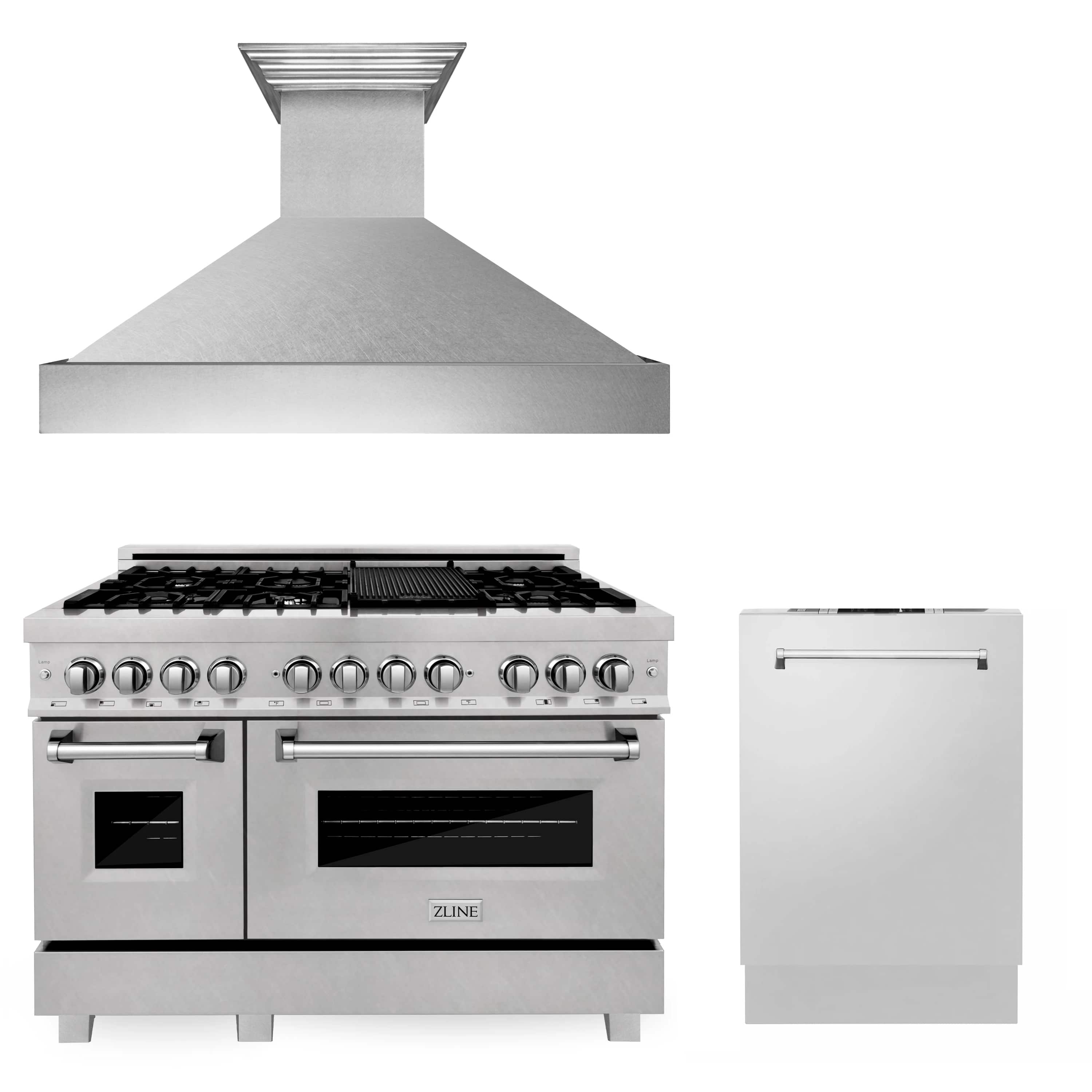 ZLINE 3-Piece Appliance Package - 48-inch Dual Fuel Range, Dishwasher & Premium Wall Mount Hood in DuraSnow Stainless Steel (3KP-RASRH48-DW)