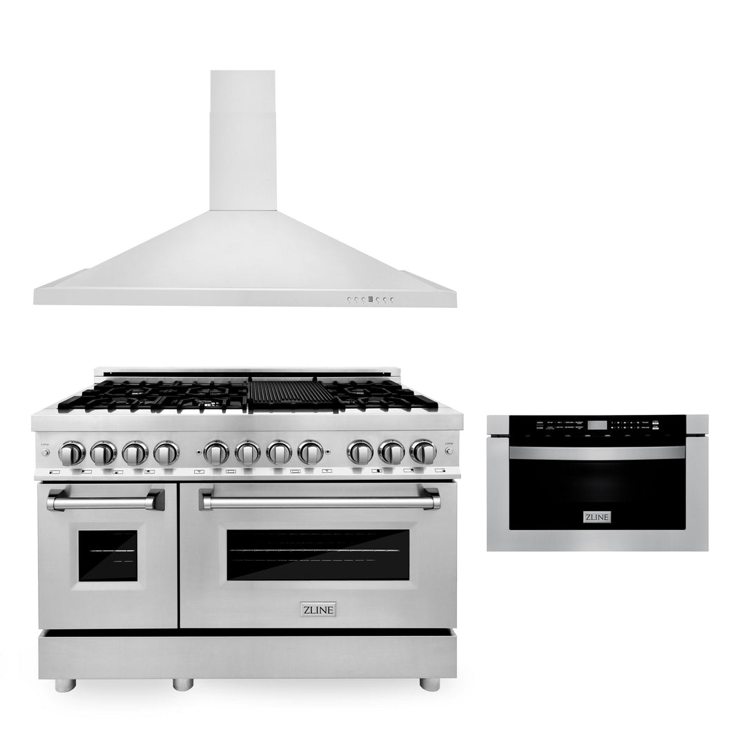 ZLINE 3-Piece Appliance Package - 48-inch Dual Fuel Range, Premium Hood & Microwave Drawer in Stainless Steel (3KP-RARH48-MW)