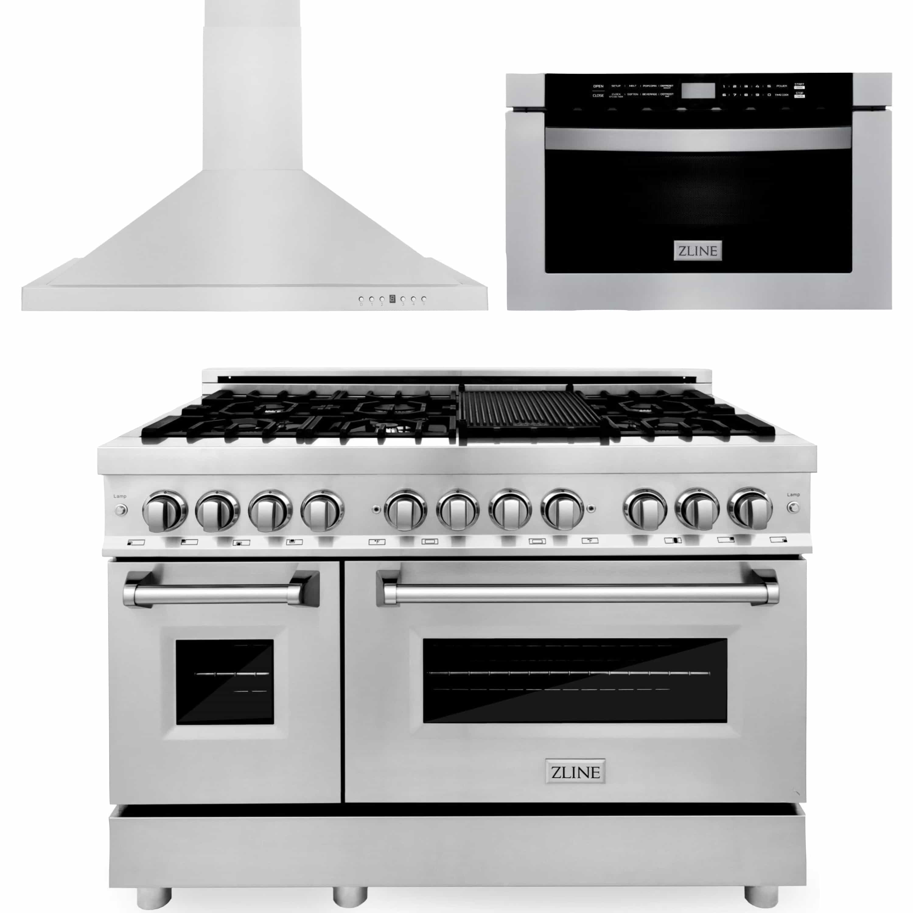 ZLINE 3-Piece Appliance Package - 48-inch Dual Fuel Range, Premium Hood & Microwave Drawer in Stainless Steel (3KP-RARH48-MW)