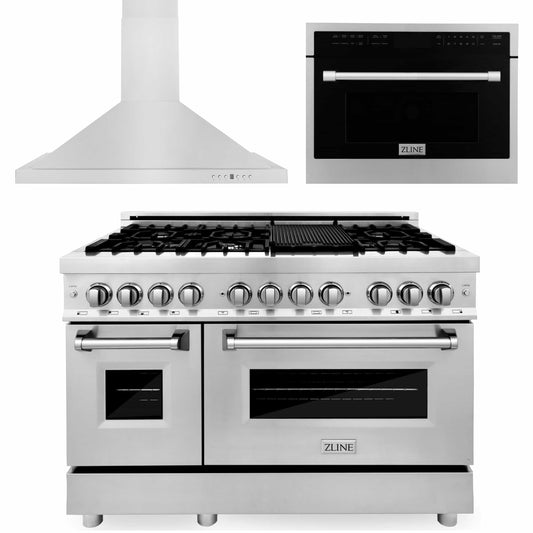 ZLINE 3-Piece Appliance Package - 48-inch Dual Fuel Range, Premium Hood & Microwave Oven in Stainless Steel (3KP-RARHMWO-48)