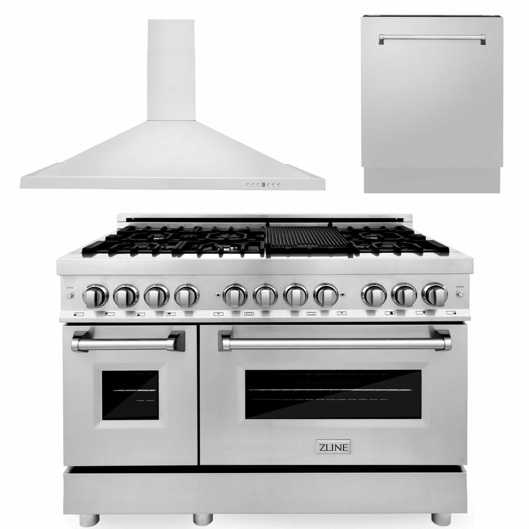 ZLINE 3-Piece Appliance Package - 48-inch Dual Fuel Range, Tall Tub Dishwasher & Premium Hood (3KP-RARH48-DWV)