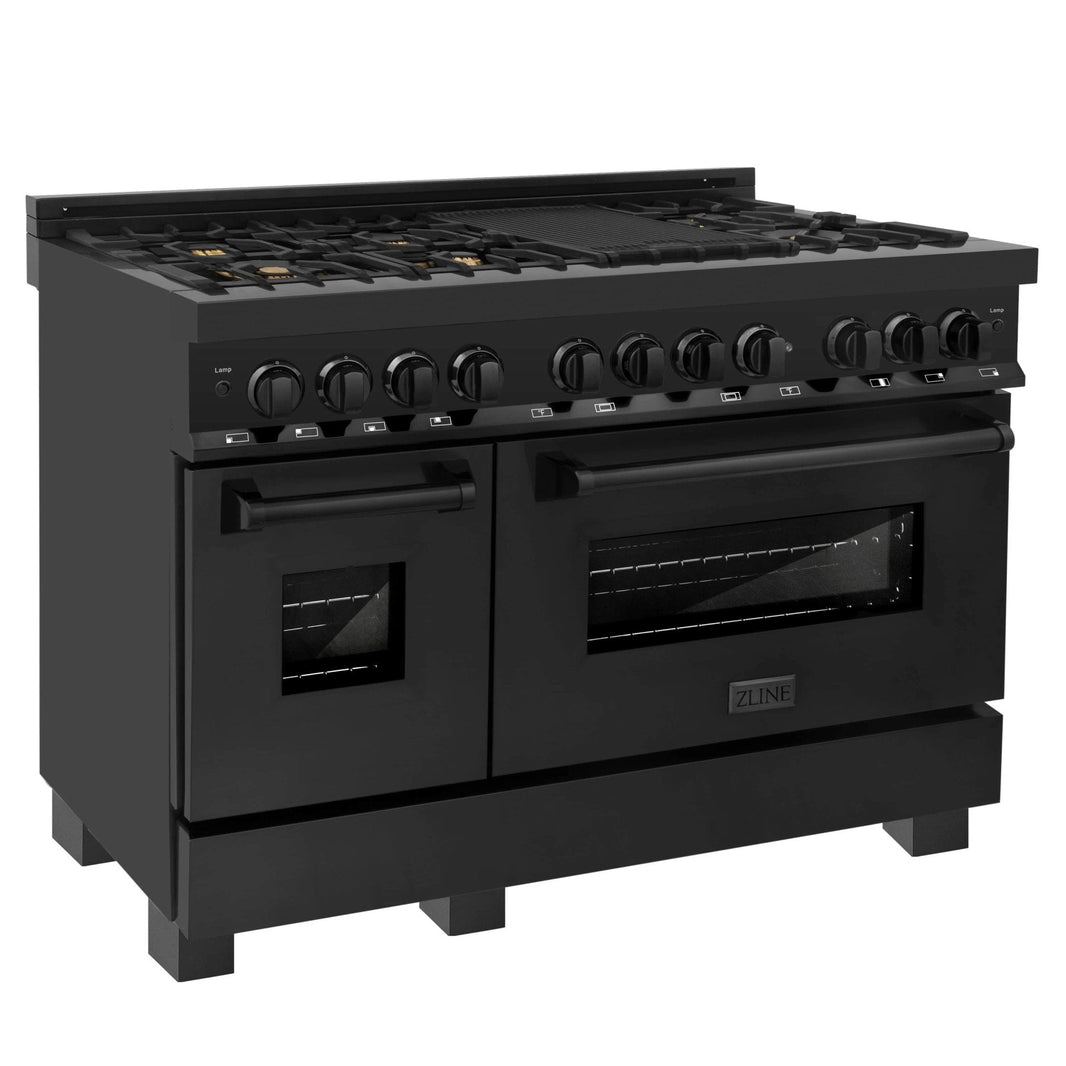 ZLINE 3-Piece Appliance Package - 48-inch Dual Fuel Range with Brass Burners, Convertible Wall Mount Hood & Dishwasher in Black Stainless Steel (3KP-RABRH48-DW)