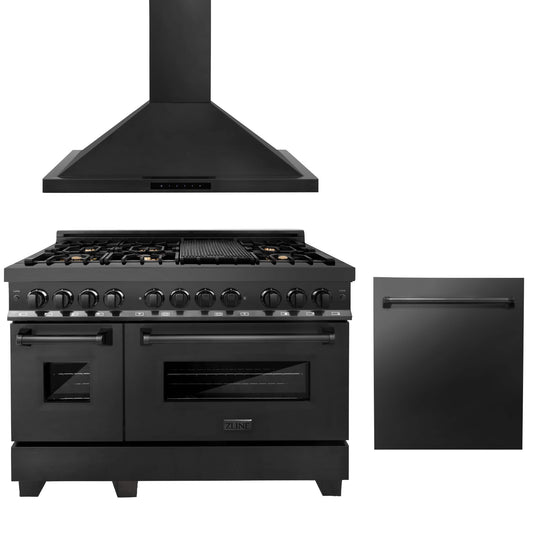 ZLINE 3-Piece Appliance Package - 48-inch Dual Fuel Range with Brass Burners, Convertible Wall Mount Hood & Dishwasher in Black Stainless Steel (3KP-RABRH48-DW)