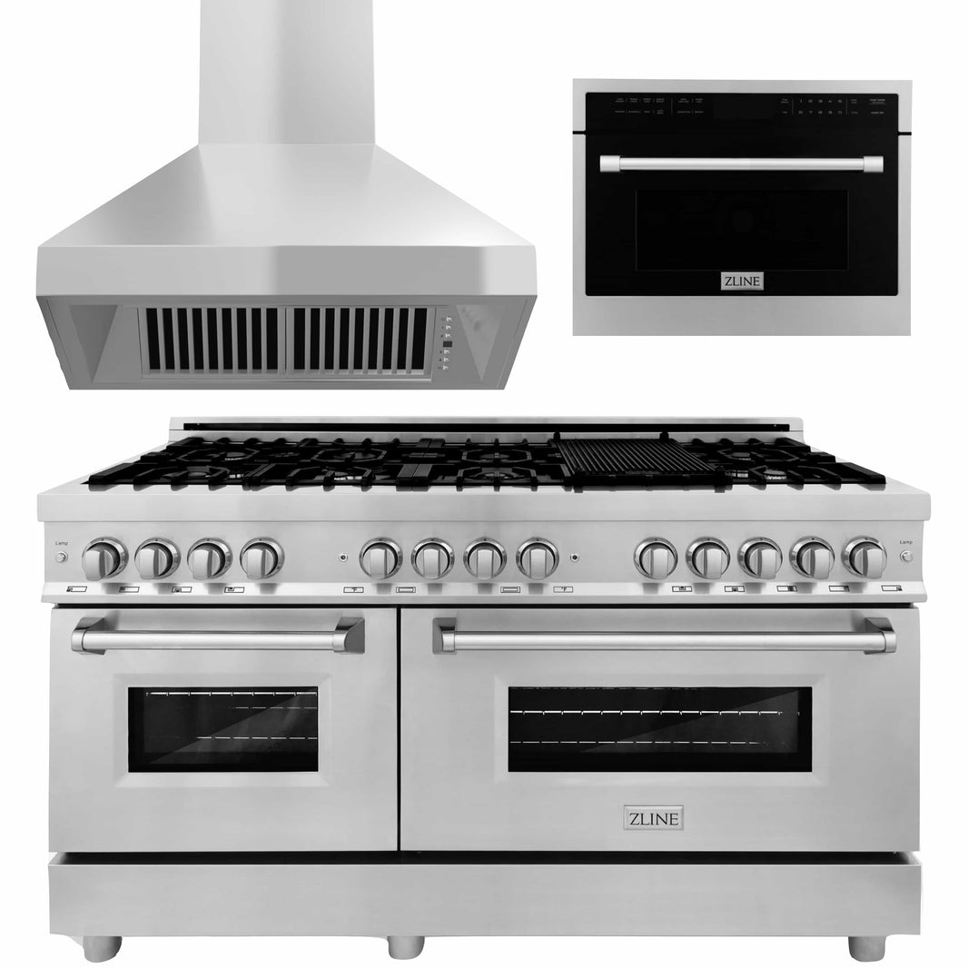 ZLINE 3-Piece Appliance Package - 60-inch Dual Fuel Range, Microwave Oven, & Wall Mount Hood in Stainless Steel (3KP-RARHMWO-60)