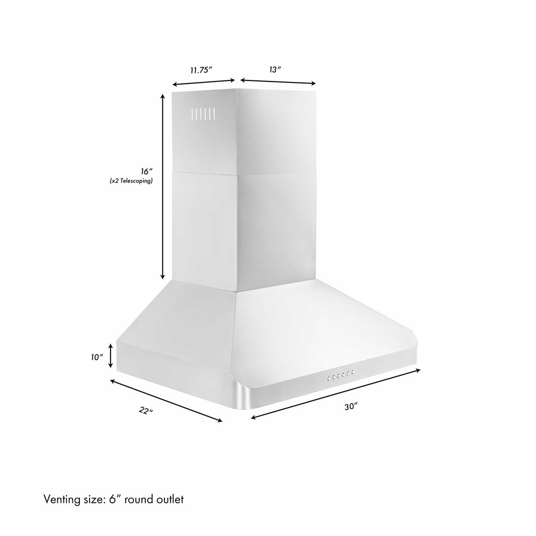 ZLINE 30-Inch Alpine Series Ducted Wall Mount Range Hood with Remote in Stainless Steel (ALP100WL-30)