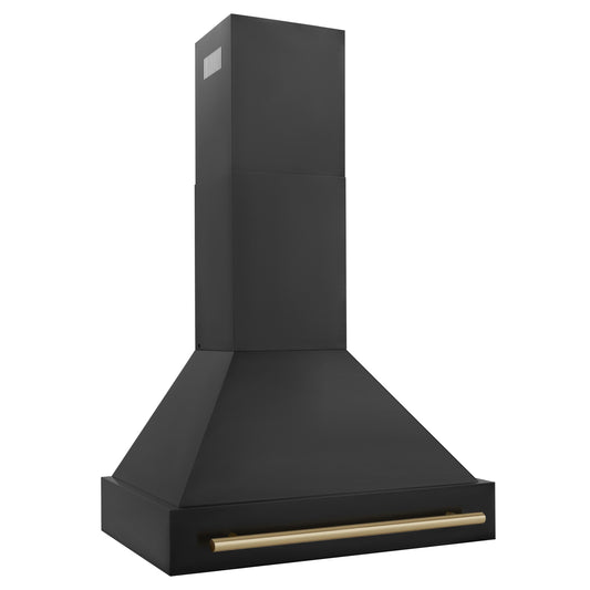 ZLINE 30-Inch Autograph Edition Wall Mount Range Hood in Black Stainless Steel with Champagne Bronze Handle (BS655Z-30-CB)