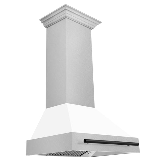 ZLINE 30-Inch Autograph Edition Wall Mount Range Hood in DuraSnow® Stainless Steel with White Matte Shell and Matte Black Handle (8654SNZ-WM30-MB)