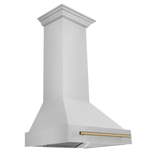 ZLINE 30-Inch Autograph Edition Wall Mount Range Hood in Stainless Steel with Champagne Bronze Handle (8654STZ-30-CB)