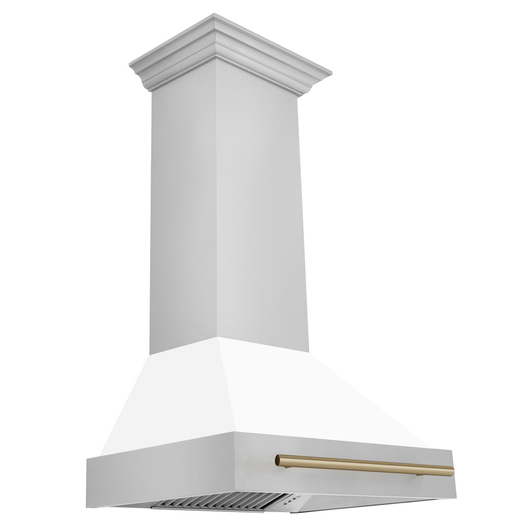 ZLINE 30-Inch Autograph Edition Wall Mount Range Hood in Stainless Steel with White Matte Shell and Champagne Bronze Handle (8654STZ-WM30-CB)