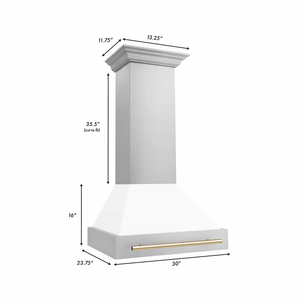 ZLINE 30-Inch Autograph Edition Wall Mount Range Hood in Stainless Steel with White Matte Shell and Gold Handle (8654STZ-WM30-G)