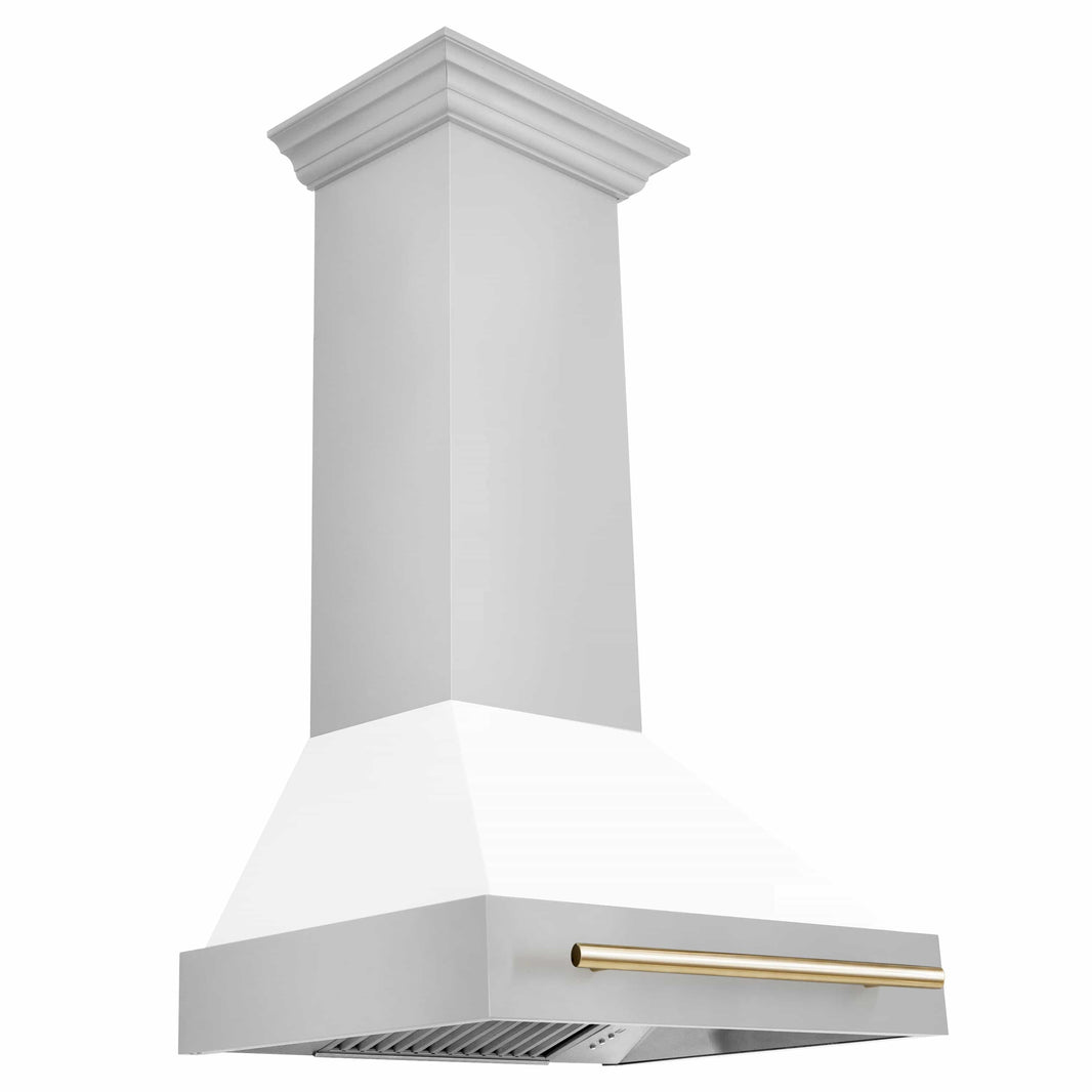 ZLINE 30-Inch Autograph Edition Wall Mount Range Hood in Stainless Steel with White Matte Shell and Gold Handle (8654STZ-WM30-G)