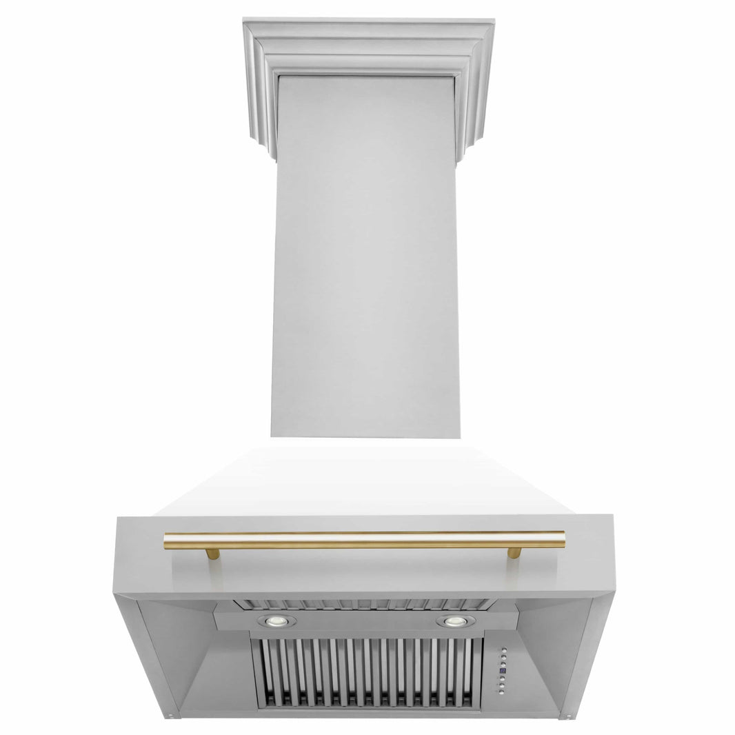 ZLINE 30-Inch Autograph Edition Wall Mount Range Hood in Stainless Steel with White Matte Shell and Gold Handle (8654STZ-WM30-G)