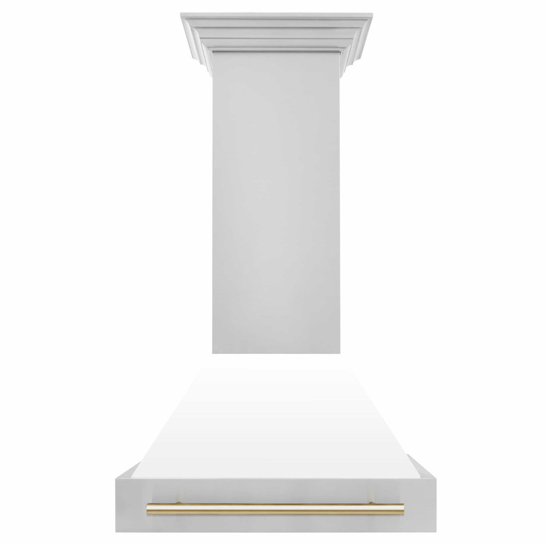 ZLINE 30-Inch Autograph Edition Wall Mount Range Hood in Stainless Steel with White Matte Shell and Gold Handle (8654STZ-WM30-G)