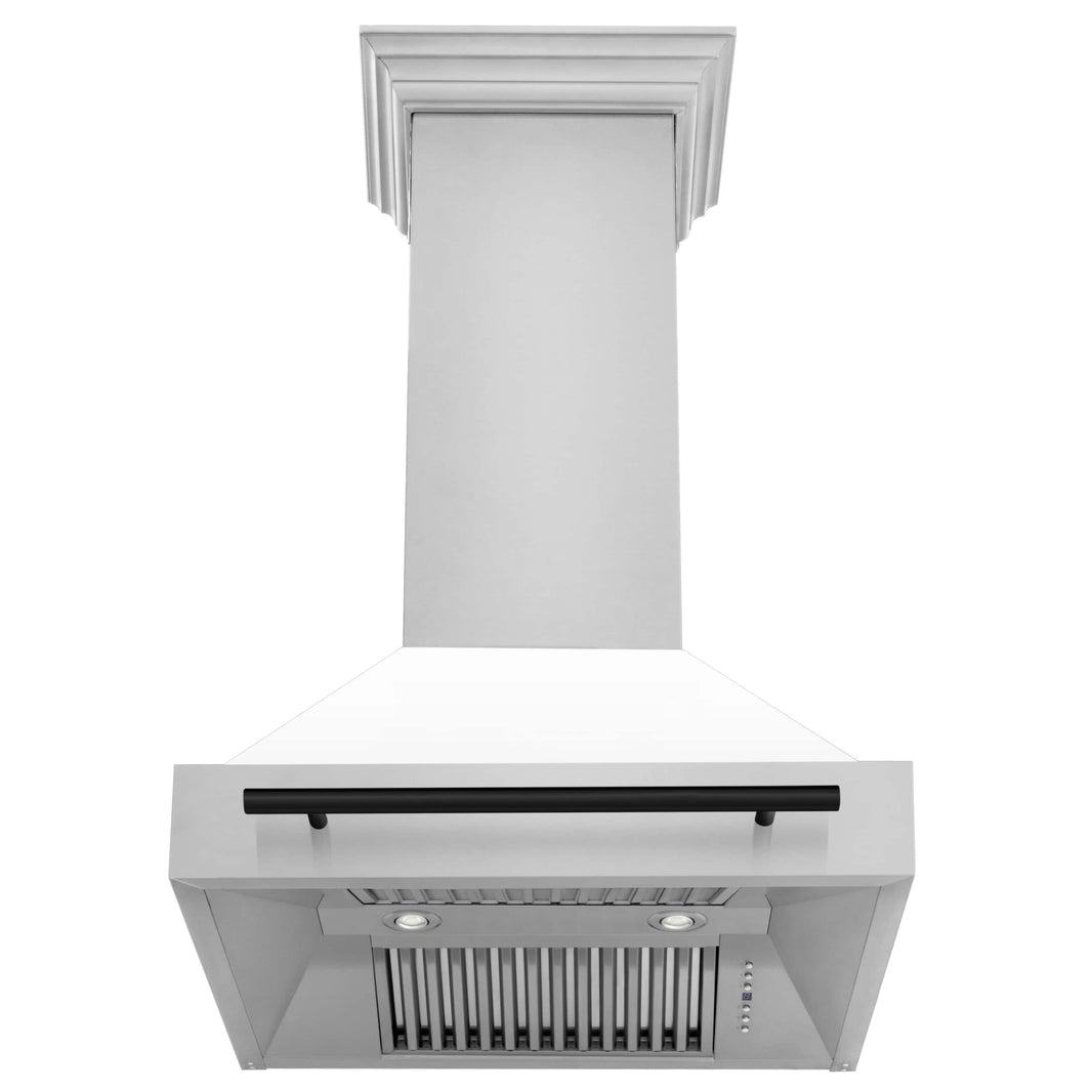 ZLINE 30-Inch Autograph Edition Wall Mount Range Hood in Stainless Steel with White Matte Shell and Matte Black Handle (8654STZ-WM30-MB)