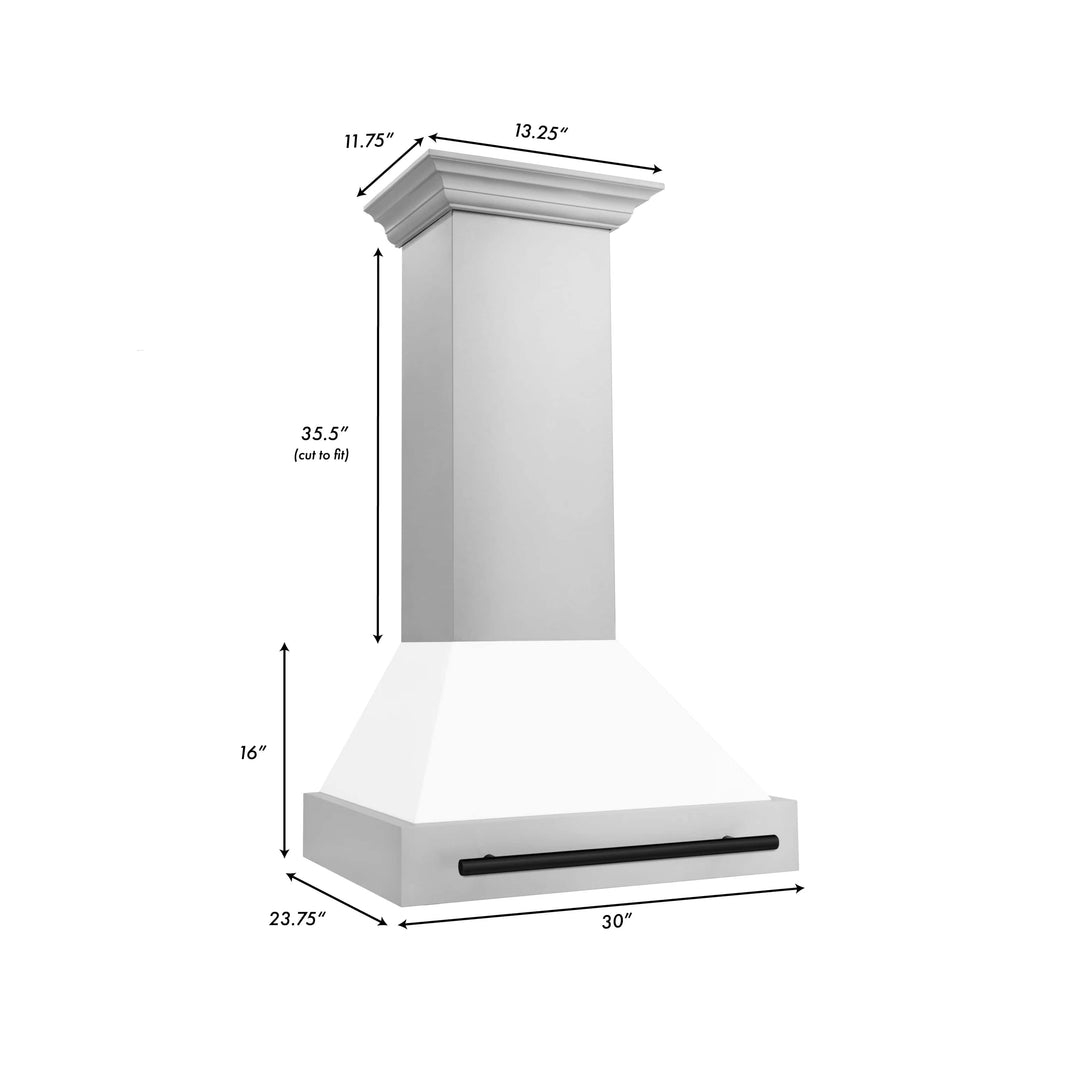 ZLINE 30-Inch Autograph Edition Wall Mount Range Hood in Stainless Steel with White Matte Shell and Matte Black Handle (8654STZ-WM30-MB)