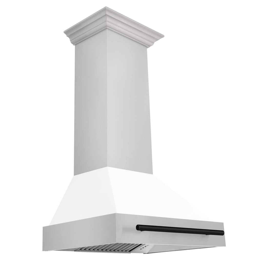 ZLINE 30-Inch Autograph Edition Wall Mount Range Hood in Stainless Steel with White Matte Shell and Matte Black Handle (8654STZ-WM30-MB)