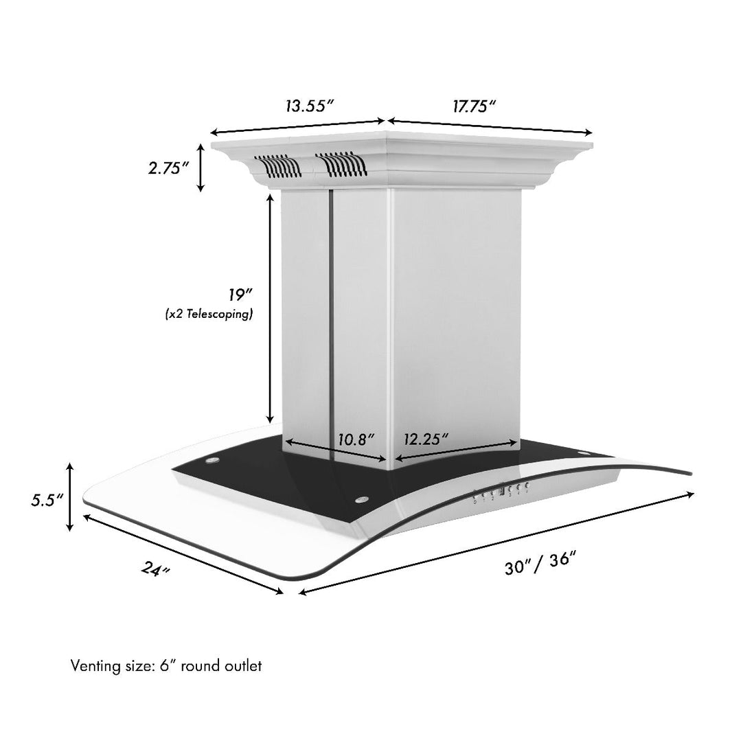 ZLINE 30-Inch Ducted Vent Island Mount Range Hood in Stainless Steel with Built-in CrownSoundBluetooth Speakers (GL5iCRN-BT-30)