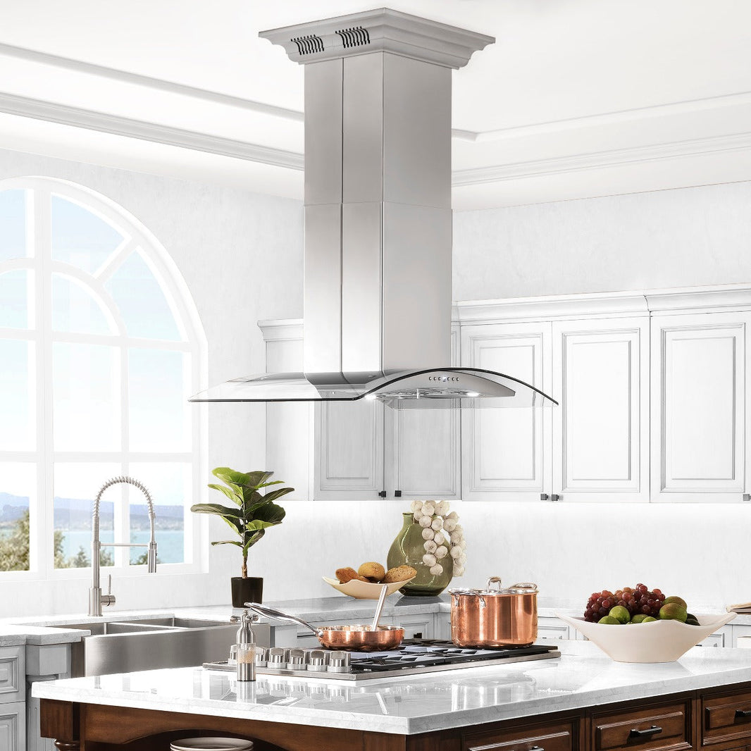 ZLINE 30-Inch Ducted Vent Island Mount Range Hood in Stainless Steel with Built-in CrownSoundBluetooth Speakers (GL5iCRN-BT-30)