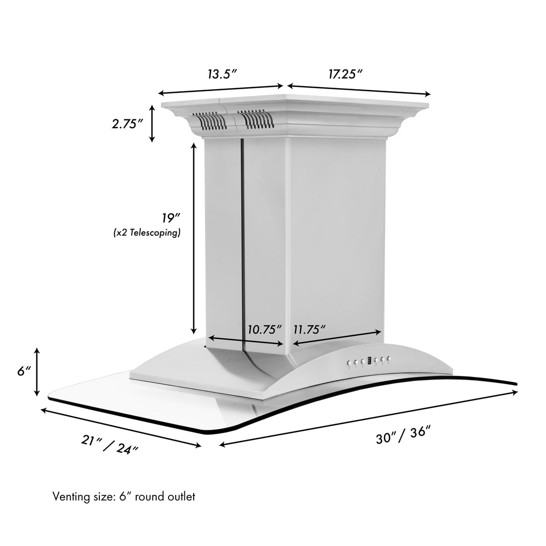 ZLINE 30-Inch Ducted Vent Island Mount Range Hood in Stainless Steel with Built-in CrownSoundBluetooth Speakers (GL9iCRN-BT-30)