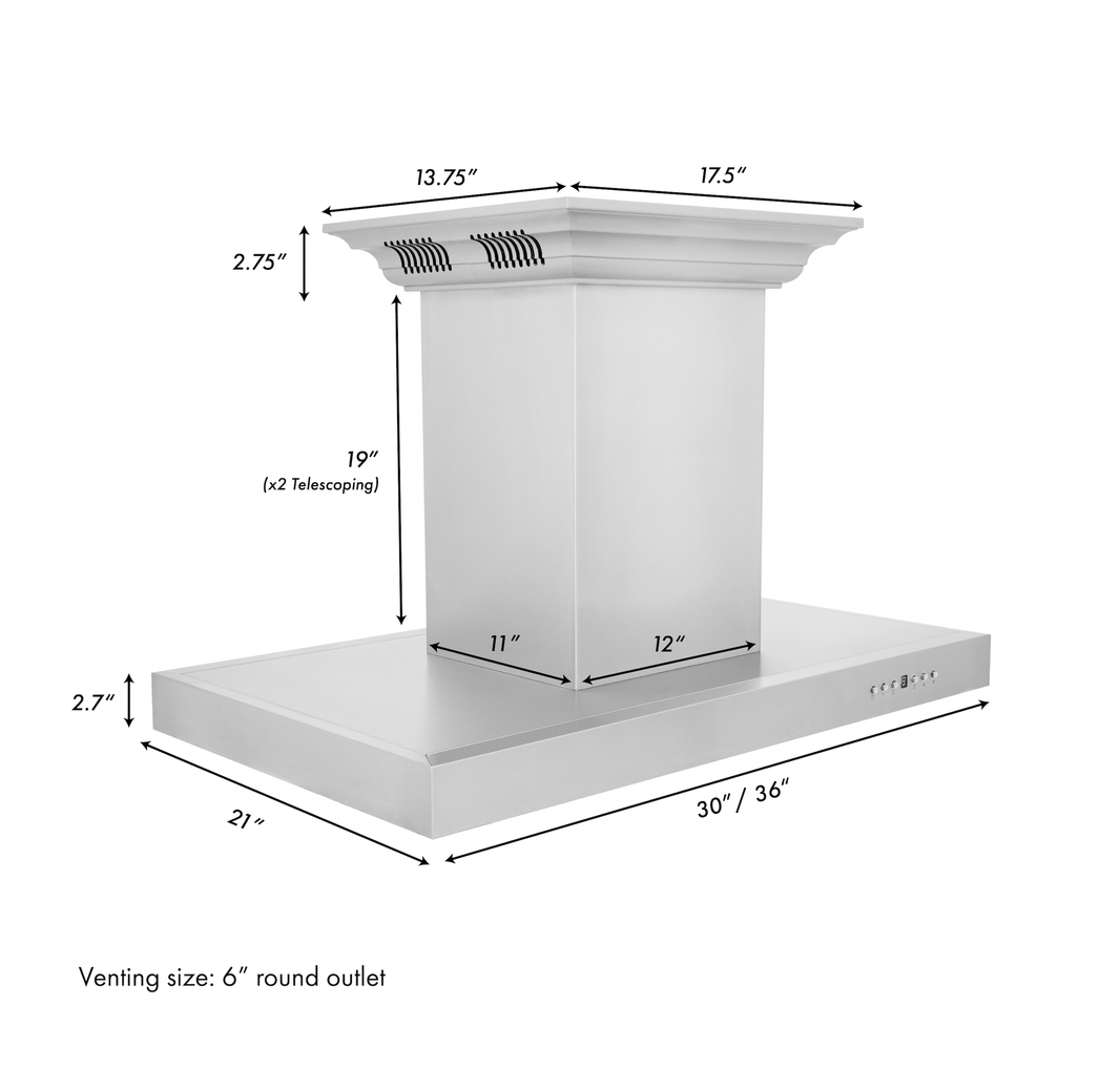 ZLINE 30-Inch Ducted Vent Island Mount Range Hood in Stainless Steel with Built-in CrownSoundBluetooth Speakers (KE2iCRN-BT-30)