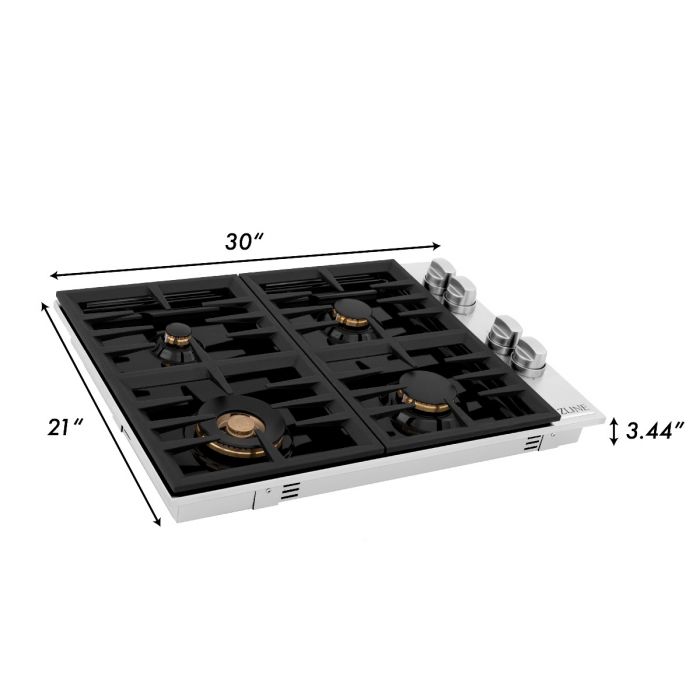 ZLINE 30-Inch Drop-in Cooktop With 4 Gas Burners And Black Porcelain Top with Brass Burners (RC-BR-30-PBT)