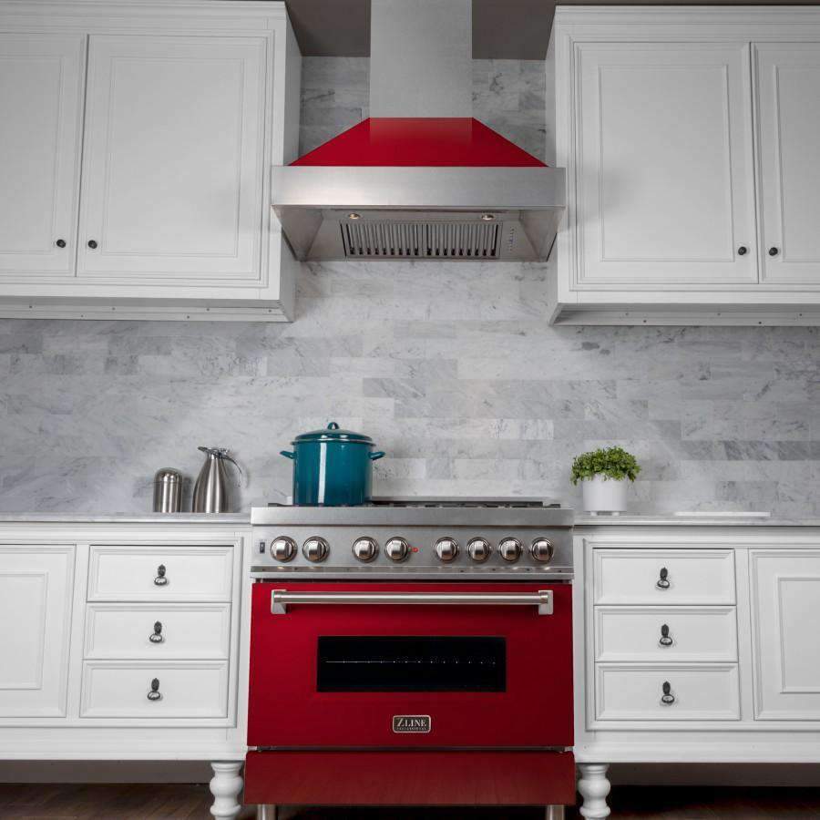 ZLINE 30-Inch Ducted DuraSnow Stainless Steel Wall Mount Range Hood with Red Gloss Shell (8654RG-30)