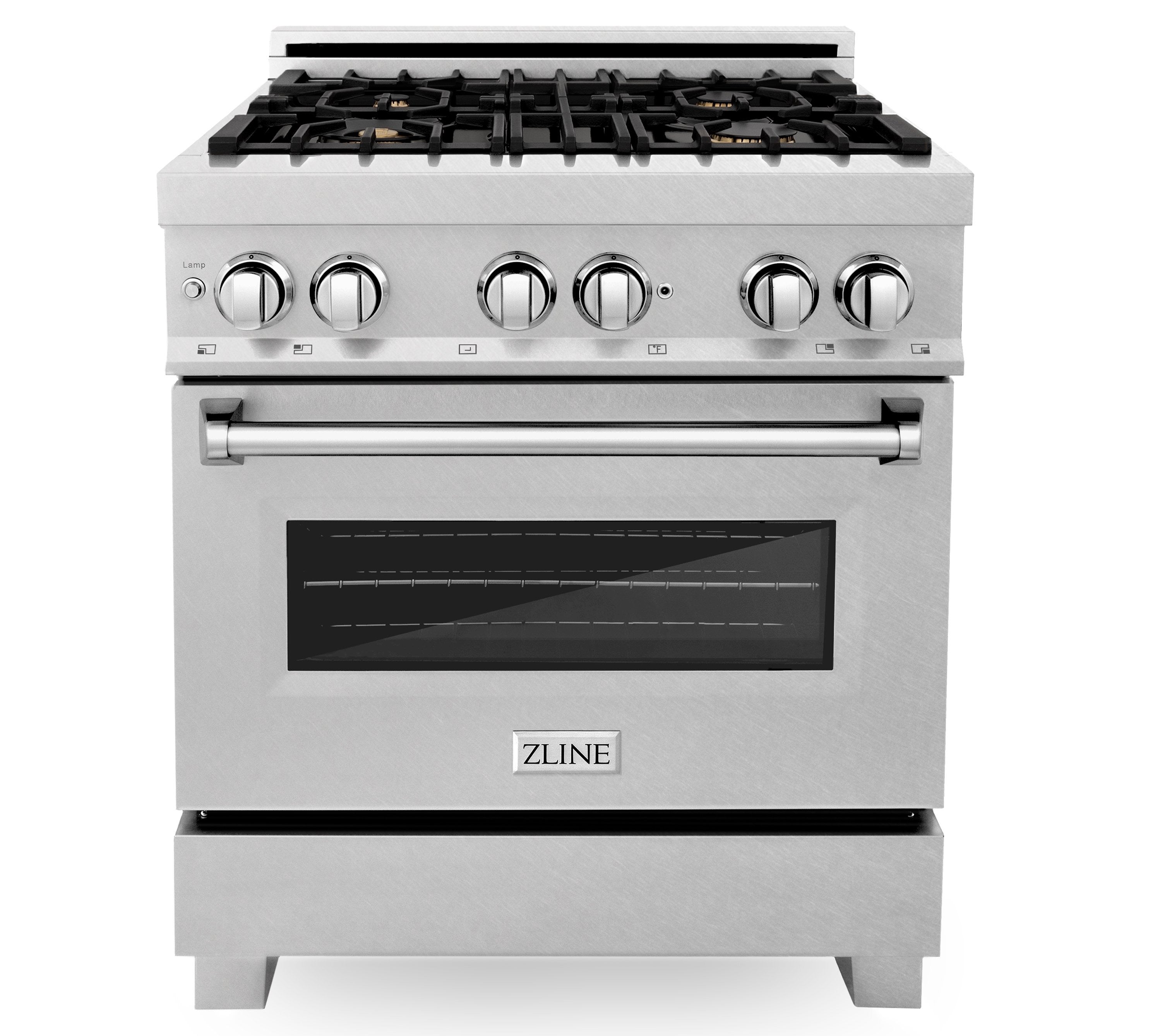 ZLINE 30-Inch Professional 4.0 Cu. Ft. 4 Dual Fuel Range In DuraSnow Stainless Steel With Brass Burners (RAS-SN-BR-30)