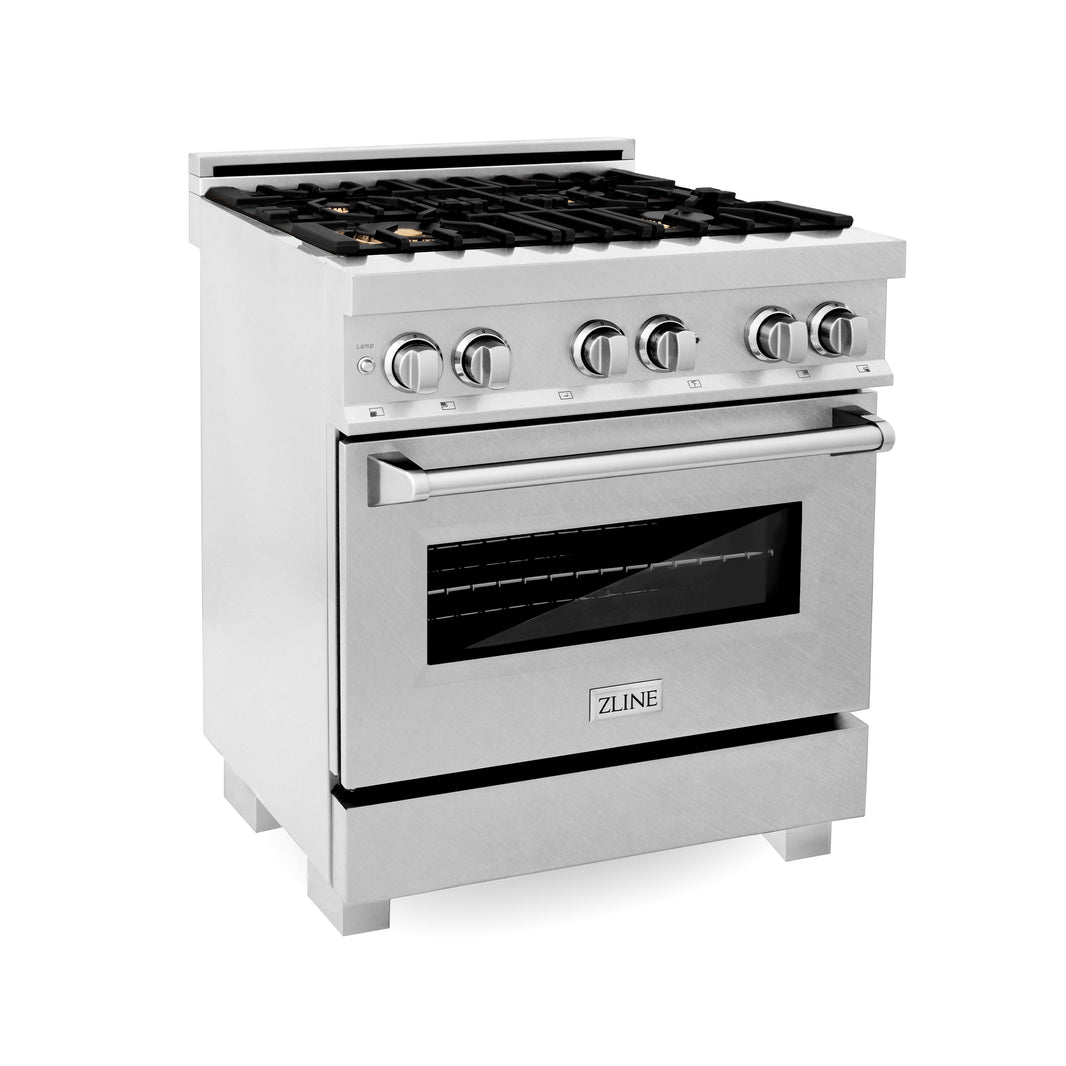 ZLINE 30-Inch Professional 4.0 Cu. Ft. 4 Dual Fuel Range In DuraSnow Stainless Steel With Brass Burners (RAS-SN-BR-30)