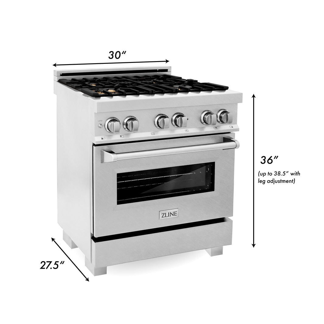 ZLINE 30-Inch Professional 4.0 Cu. Ft. 4 Dual Fuel Range In DuraSnow Stainless Steel With Brass Burners (RAS-SN-BR-30)