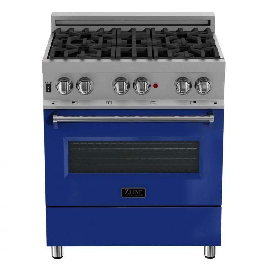 ZLINE 30-Inch Professional Dual Fuel Range in DuraSnow Stainless with Blue Gloss Door (RAS-BG-30)