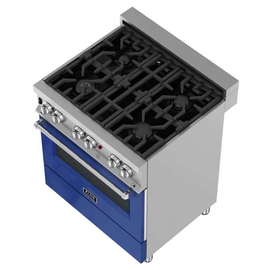 ZLINE 30-Inch Professional Dual Fuel Range in DuraSnow Stainless with Blue Gloss Door (RAS-BG-30)