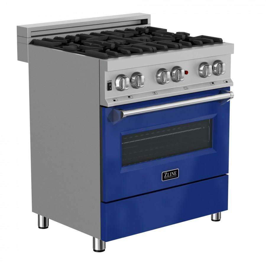 ZLINE 30-Inch Professional Dual Fuel Range in DuraSnow Stainless with Blue Gloss Door (RAS-BG-30)