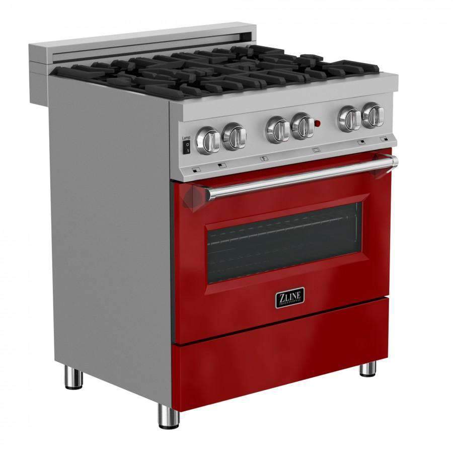 ZLINE 30-Inch Professional Dual Fuel Range in DuraSnow Stainless with Red Gloss Door (RAS-RG-30)