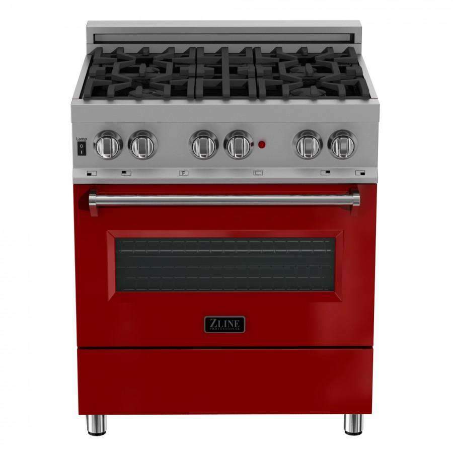 ZLINE 30-Inch Professional Dual Fuel Range in DuraSnow Stainless with Red Gloss Door (RAS-RG-30)