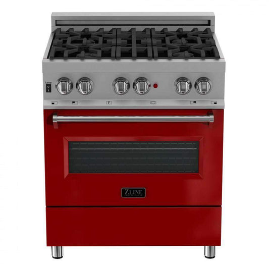 ZLINE 30-Inch Professional Dual Fuel Range in DuraSnow Stainless with Red Gloss Door (RAS-RG-30)