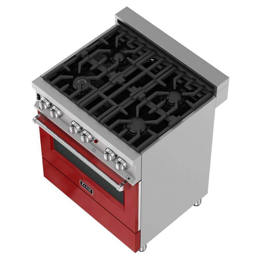 ZLINE 30-Inch Professional Dual Fuel Range in DuraSnow Stainless with Red Gloss Door (RAS-RG-30)