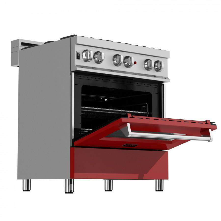 ZLINE 30" Professional Dual Fuel Range in DuraSnow Stainless with Red Matte Door (RAS-RM-30)