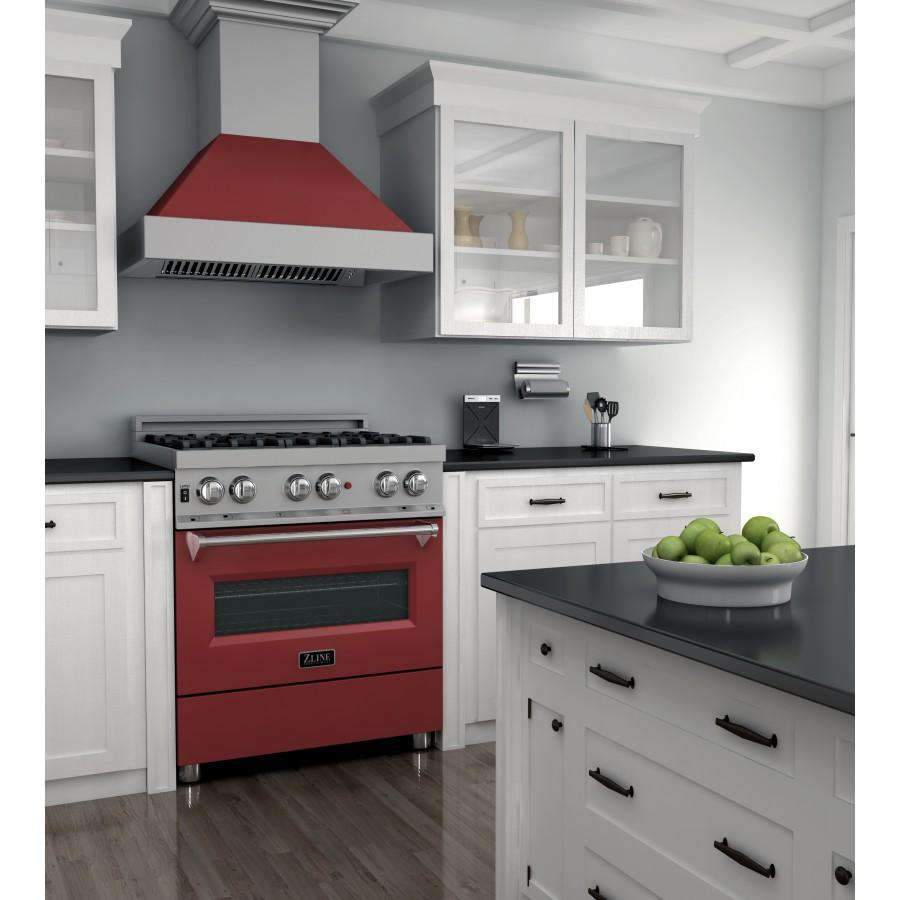 ZLINE 30" Professional Dual Fuel Range in DuraSnow Stainless with Red Matte Door (RAS-RM-30)