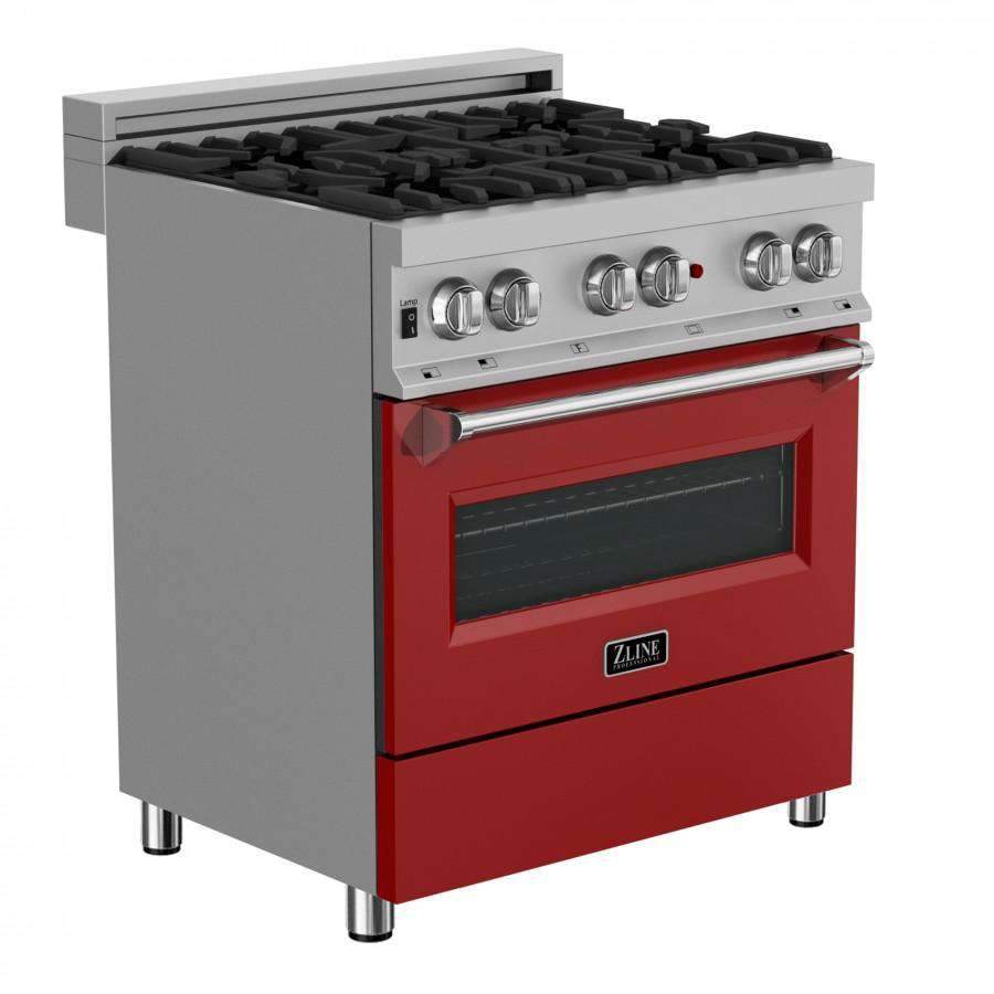 ZLINE 30" Professional Dual Fuel Range in DuraSnow Stainless with Red Matte Door (RAS-RM-30)