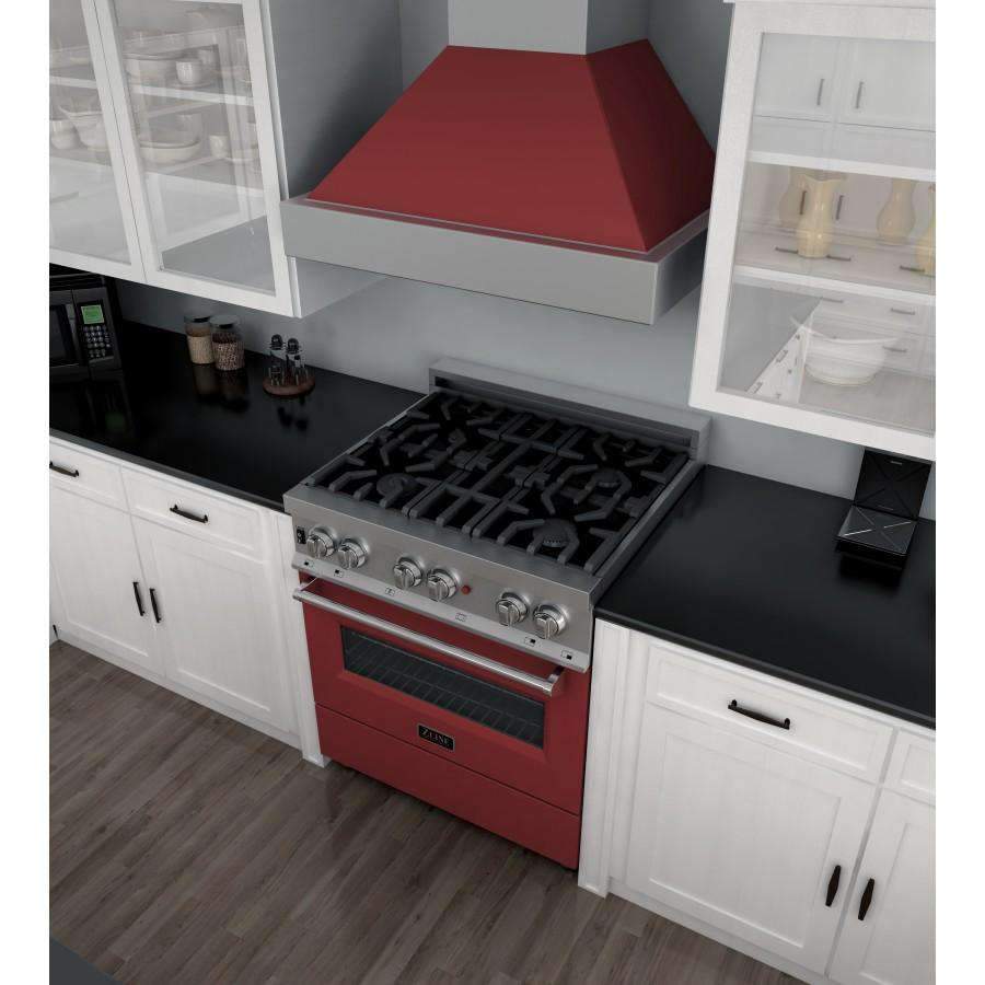 ZLINE 30" Professional Dual Fuel Range in DuraSnow Stainless with Red Matte Door (RAS-RM-30)