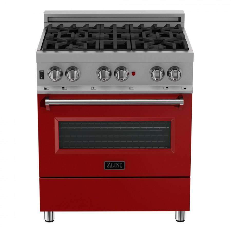 ZLINE 30" Professional Dual Fuel Range in DuraSnow Stainless with Red Matte Door (RAS-RM-30)