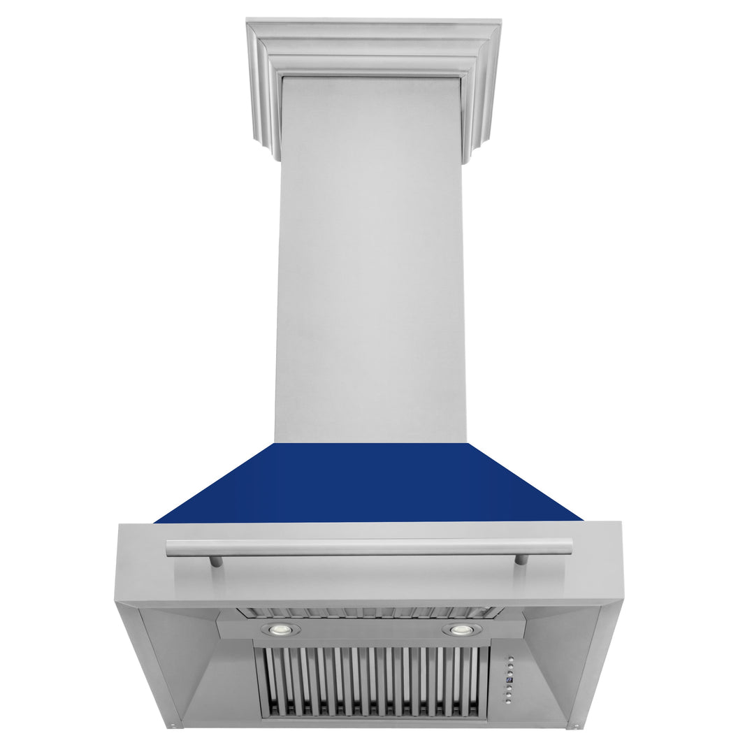 ZLINE 30-Inch Wall Mount Range Hood in Stainless Steel with Blue Gloss Shell and Stainless Steel Handle (8654STX-BG-30)