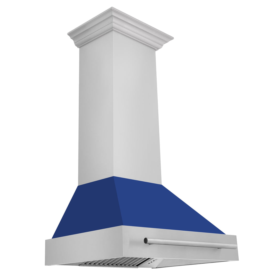 ZLINE 30-Inch Wall Mount Range Hood in Stainless Steel with Blue Matte Shell and Stainless Steel Handle (8654STX-BM-30)