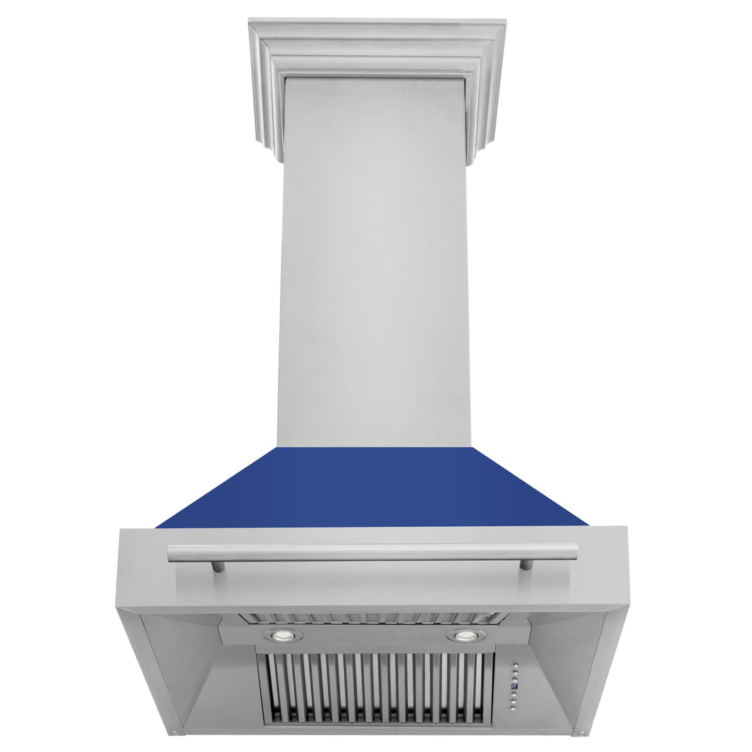 ZLINE 30-Inch Wall Mount Range Hood in Stainless Steel with Blue Matte Shell and Stainless Steel Handle (8654STX-BM-30)