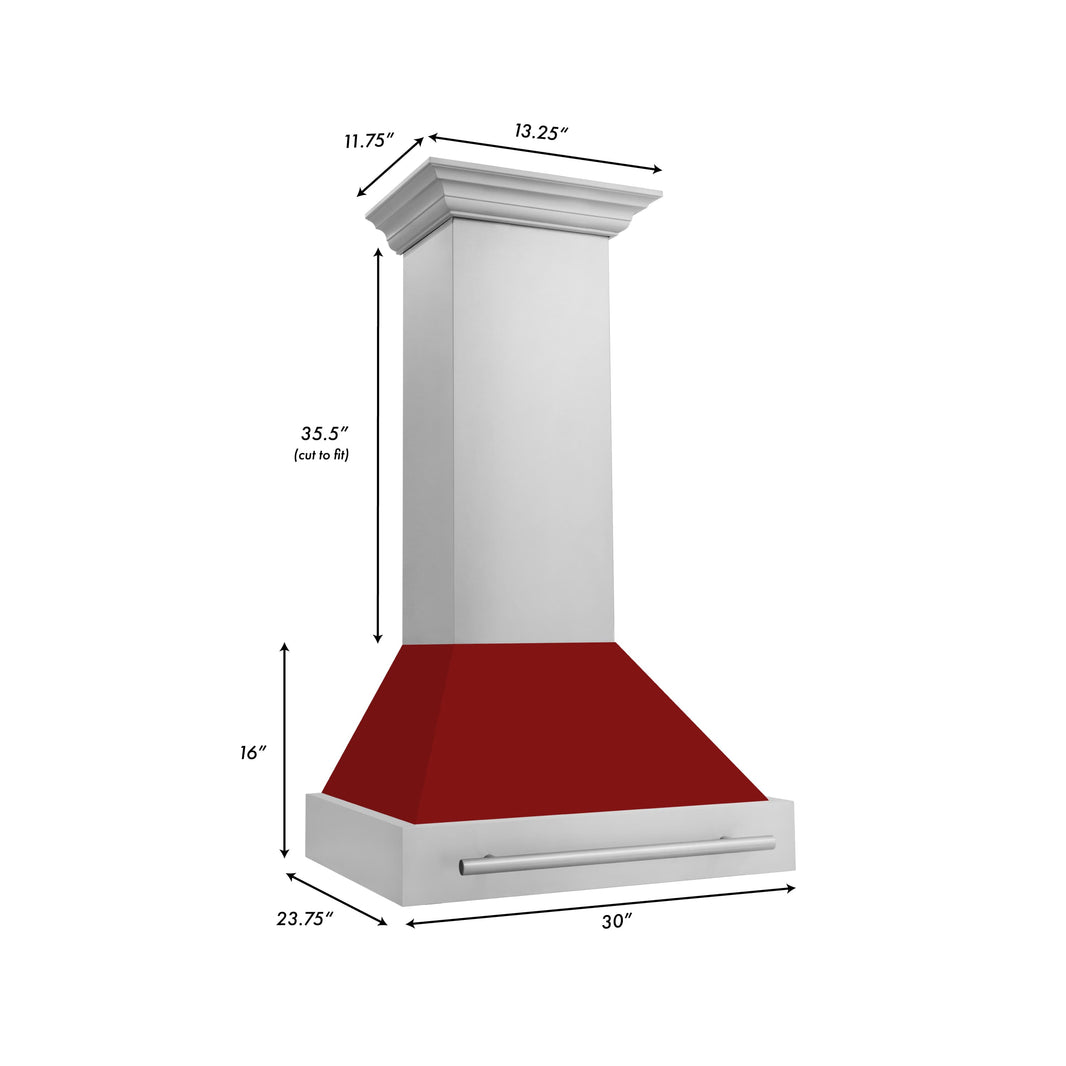 ZLINE 30-Inch Wall Mount Range Hood in Stainless Steel with Red Gloss Shell and Stainless Steel Handle (8654STX-RG-30)