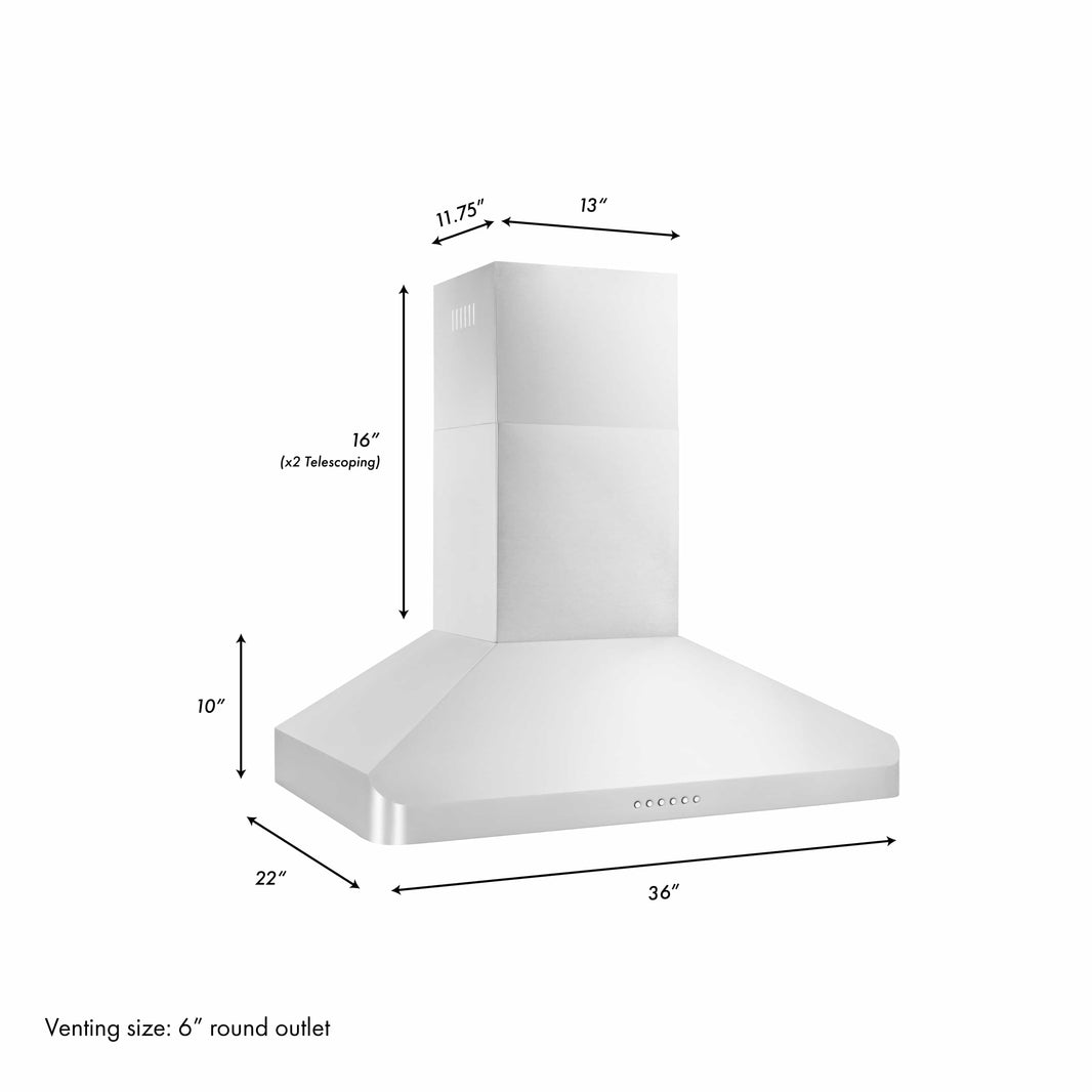 ZLINE 36-Inch Alpine Series Ducted Wall Mount Range Hood in Stainless Steel with Remote (ALP100WL-36)