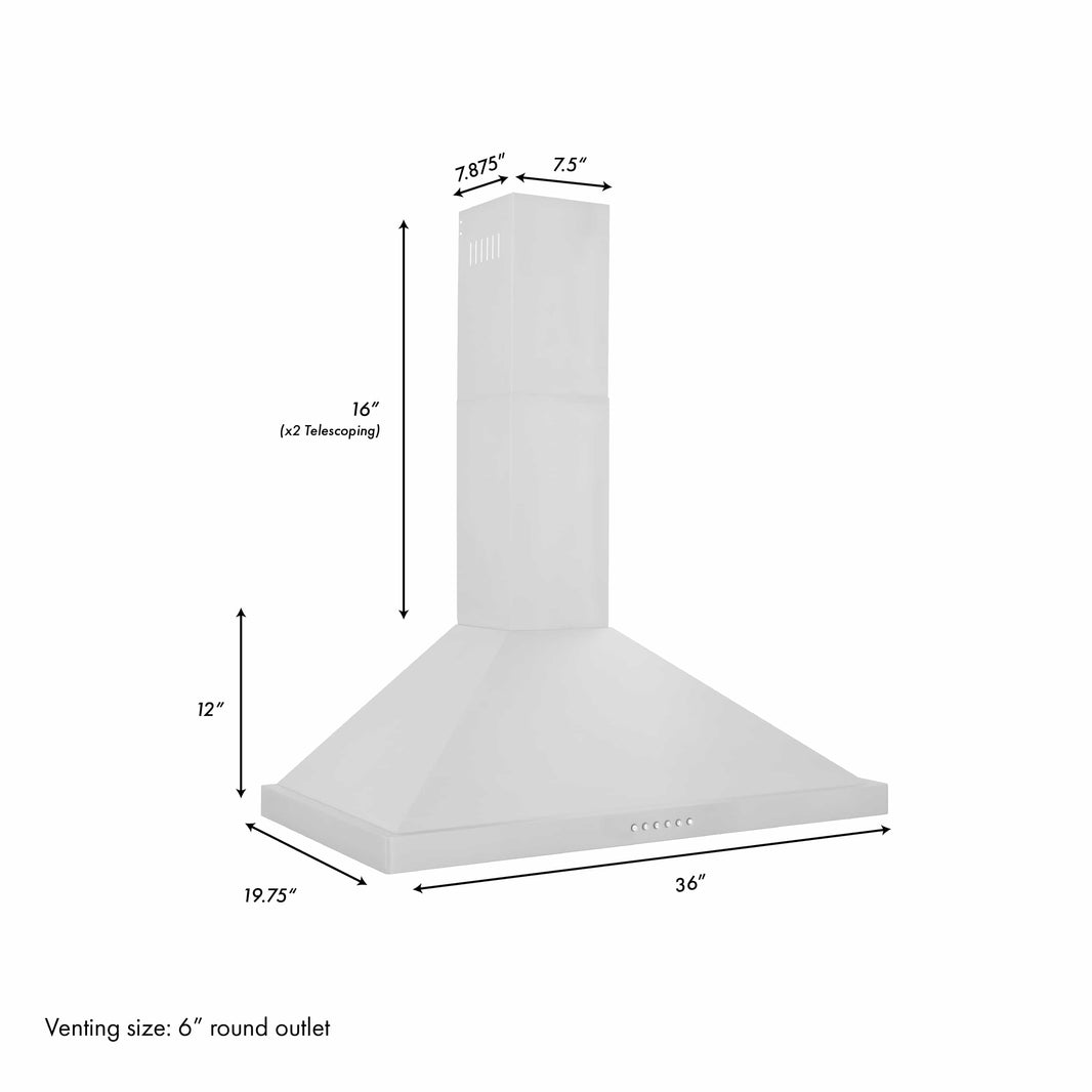 ZLINE 36-Inch Alpine Series Ducted Wall Mount Range Hood in Stainless Steel with Remote (ALP10WL-36)